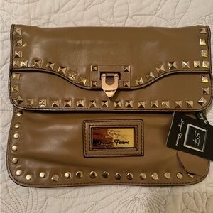 NWT Sergio Feretti Pyramid Studded Leather Flap Clutch or crossbody